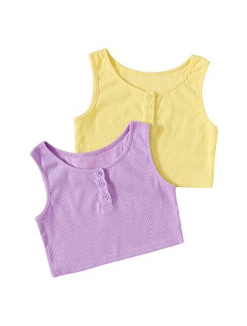 Romwe Girl's 2 Pack Sleeveless Ribbed Tank Tops Kids Button Up Crop Tops T Shirt