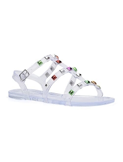 Olivia Miller Kid's Girl Fashion Shoes, PVC Jelly w Gladiator Studded Adjustable Strap Slip On Open Toe Comfortable Trendy Casual Summer Geli Flat Slide Sandals