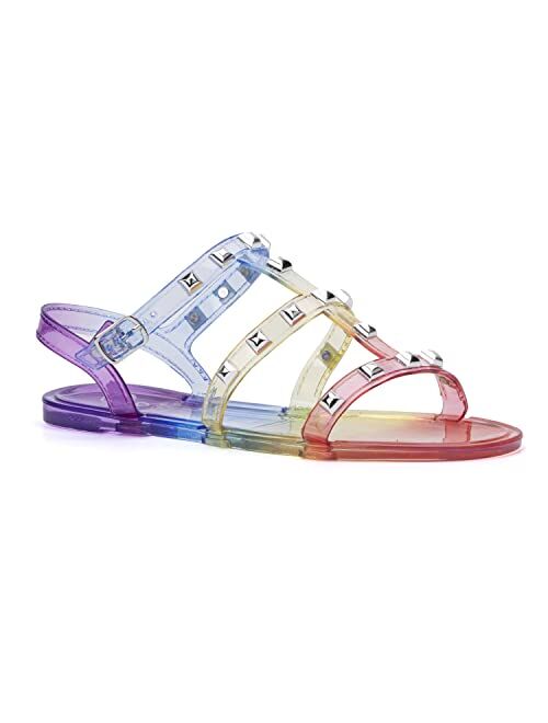 Olivia Miller Kid's Girl Fashion Shoes, PVC Jelly w Gladiator Studded Adjustable Strap Slip On Open Toe Comfortable Trendy Casual Summer Geli Flat Slide Sandals