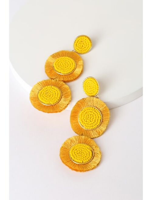 Lulus Fringe Affair Yellow Beaded Fringe Drop Earrings