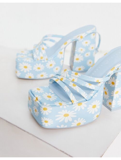 Daisy Street Exclusive platform heeled sandals in blue daisy print