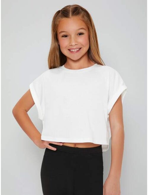 SHEIN Girls Solid Roll Up Sleeve Crop Tee