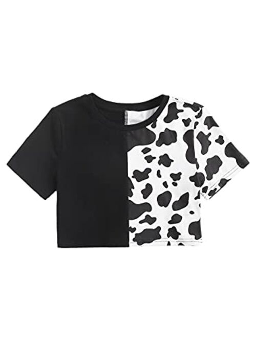 Milumia Girl's Casual Cow Print Colorblock Crop Top Crewneck Short Sleeve Tee Shirt