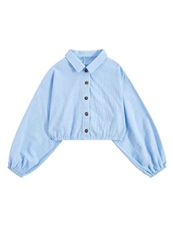 Girl's Casual Button Down Shirt Long Sleeve Crop Top Blouse