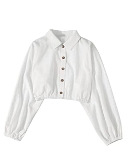 Girl's Casual Button Down Shirt Long Sleeve Crop Top Blouse