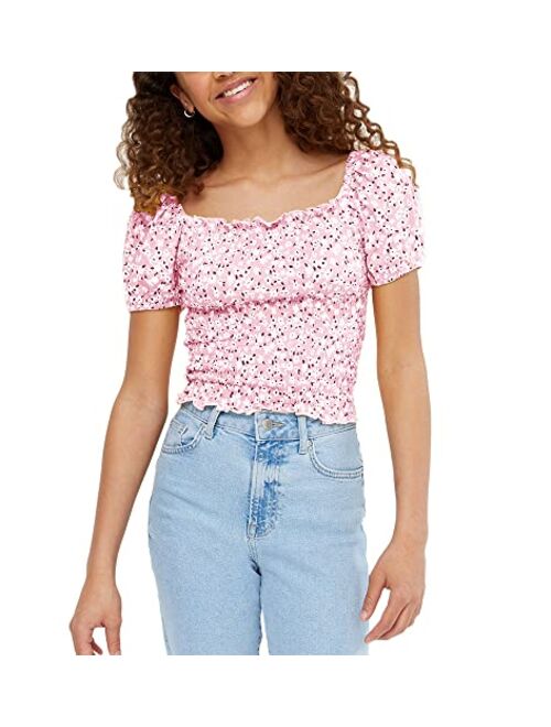 Miniketty Girls' Cute Crop Tops Summer Square Neck Puff Sleeve Smocked Floral Blouses