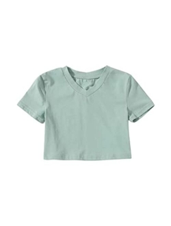 Girls Casual V Neck Short Sleeve Solid Crop Tops Tee Shirts