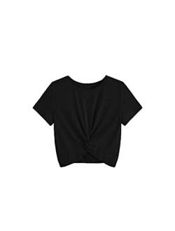 Girl's Casual Twist Hem Short Sleeve Round Neck Crop Top Tee Shirt