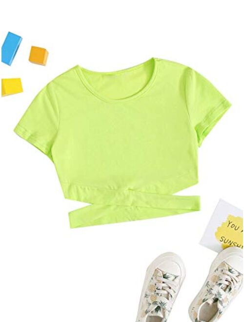 Romwe Girl's Cute Cutout Short Sleeve Crisscross Solid Crop Tops Tee T-Shirts