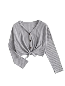 Girl's V Neck Button Down Long Sleeve Tee Tie Knot Hem Crop Top