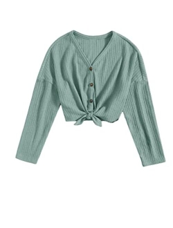 Girl's V Neck Button Down Long Sleeve Tee Tie Knot Hem Crop Top