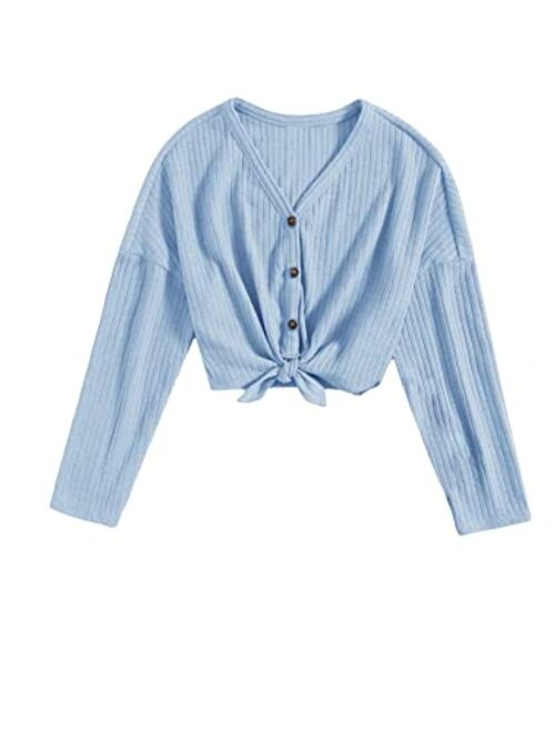 SOLY HUX Girl's V Neck Button Down Long Sleeve Tee Tie Knot Hem Crop Top