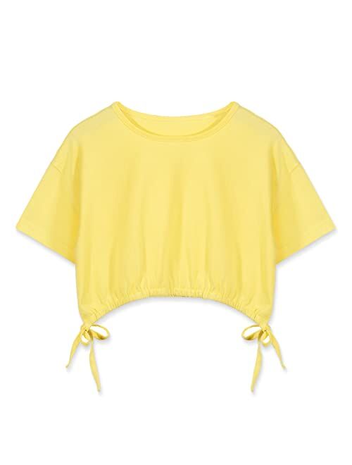 QianSiLi Girls Crop Tops Casual Short Sleeves Crew Neck Solid Color Cute Bowknot Drawstring Side Ruched Tee Shirts