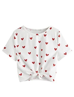 Girl's Casual Heart Print Knot Hem Crop Top Round Neck Short Sleeve Tee Shirt