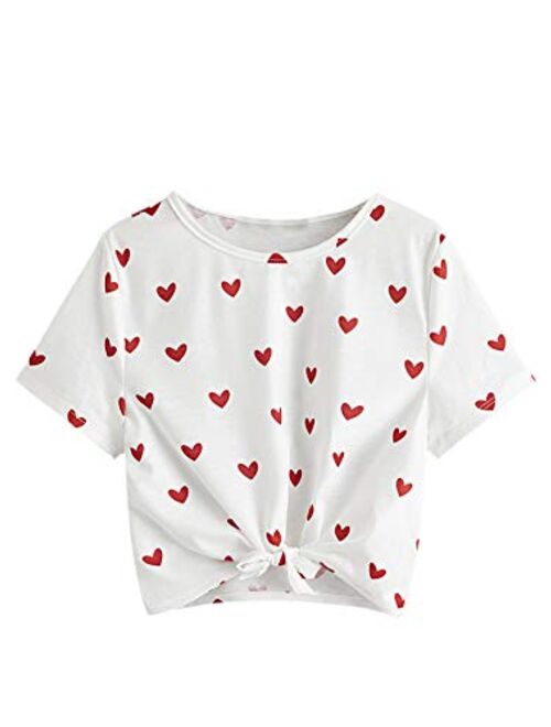 Milumia Girl's Casual Heart Print Knot Hem Crop Top Round Neck Short Sleeve Tee Shirt