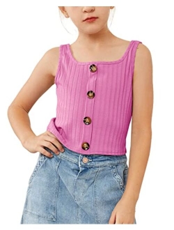 Batermoon Girls Crop Tops Summer Ribbed Button Down Tank Tops Sleeveless Big Kids Shirts 7-14 Years