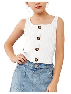 Batermoon Girls Crop Tops Summer Ribbed Button Down Tank Tops Sleeveless Big Kids Shirts 7-14 Years