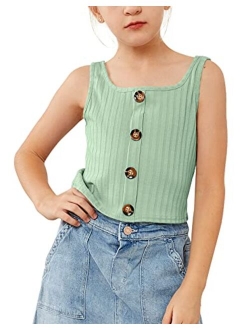 Batermoon Girls Crop Tops Summer Ribbed Button Down Tank Tops Sleeveless Big Kids Shirts 7-14 Years