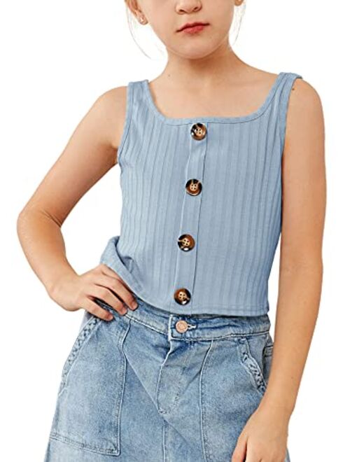 Batermoon Girls Crop Tops Summer Ribbed Button Down Tank Tops Sleeveless Big Kids Shirts 7-14 Years