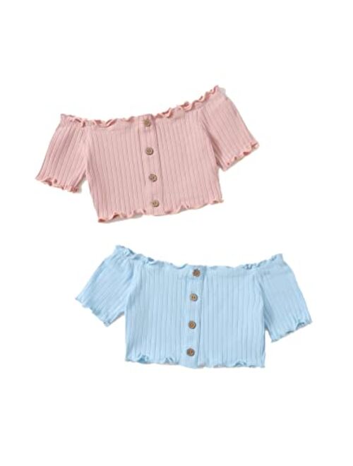 Milumia Girl's 2 Pack Off Shoulder Lettuce Trim Button Knit Short Sleeve Crop Tee Tops