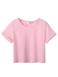 Boyoo Girl's Short Sleeve T Shirt Kids Fashion Tee Tie Dye Crewneck Rolled Cuffs Crop Top for 5-14 Years