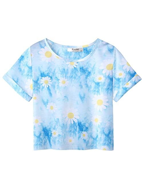 Boyoo Girl's Short Sleeve T Shirt Kids Fashion Tee Tie Dye Crewneck Rolled Cuffs Crop Top for 5-14 Years