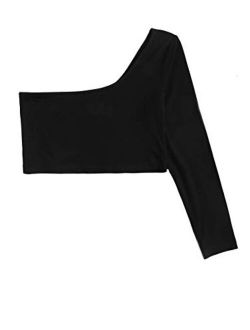 Girl One Shoulder Long Sleeve Crop Top Asymmetrical Neck Solid Tee Shirt