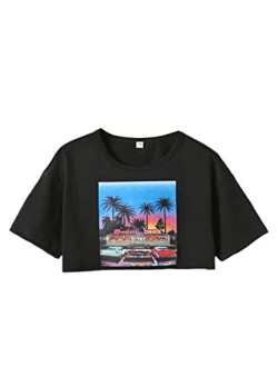 Girl's Car Tropical Print Short Sleeve Round Neck Crop Tee Tops