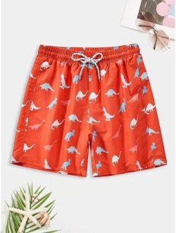 Men Random Dinosaur Print Drawstring Waist Swim Trunks