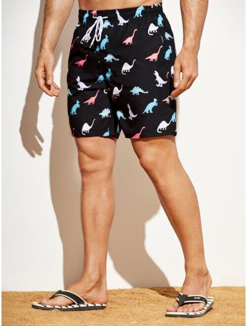 Shein Men Random Dinosaur Print Drawstring Waist Swim Trunks