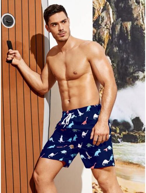 Shein Men Random Dinosaur Print Drawstring Waist Swim Trunks