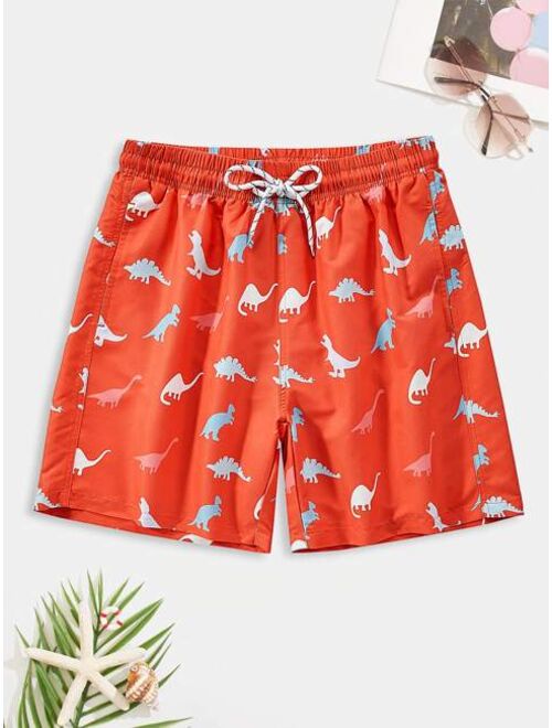 Shein Men Random Dinosaur Print Drawstring Waist Swim Trunks