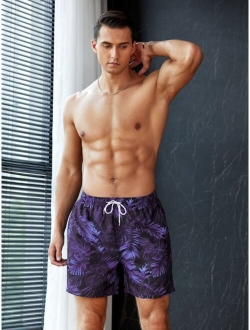 Men Tropical Print Drawstring Waist Swim Trunks