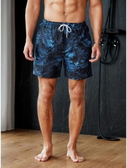 Men Tropical Print Drawstring Waist Swim Trunks