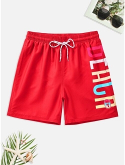 Men Palm Tree & Letter Graphic Drawstring Waist Swim Trunks