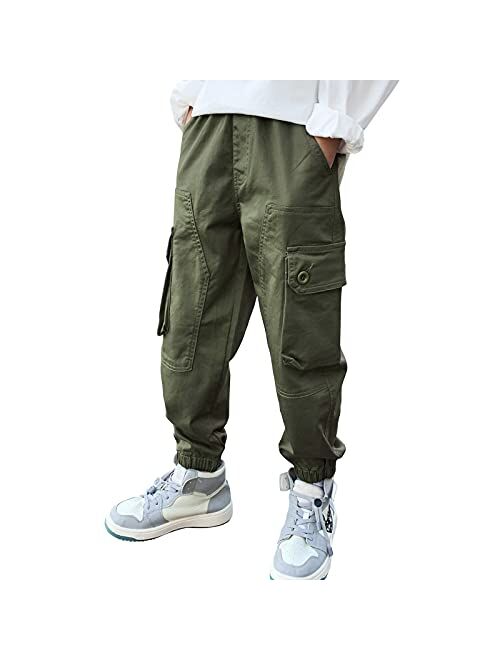 MEILONGER Boys Cargo Pants Cotton Casual Pants Loose Hiking Bottoms Elastic Cuffed Joggers