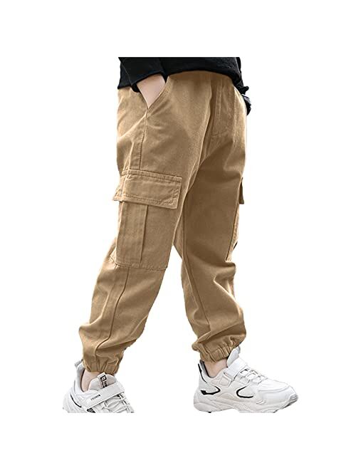 JanJean Kids Boys Cargo Joggers Pants Elastic Waist Cuffed Trousers Casual Dungarees Pants with Multi-Pocket 6-14 Years