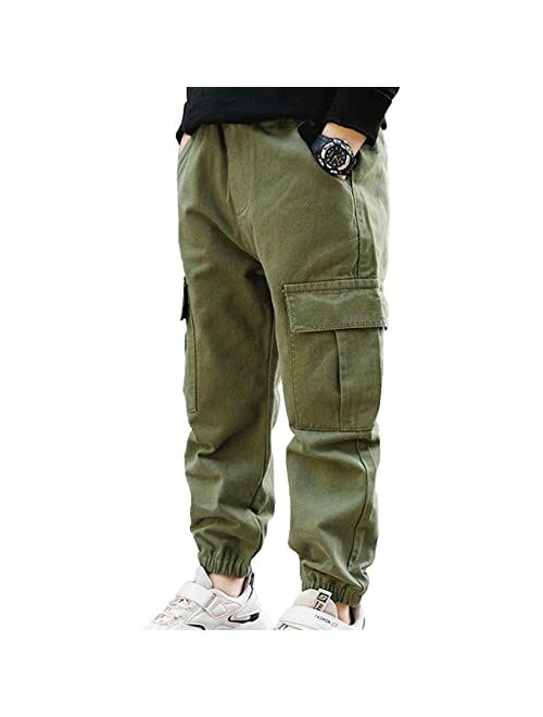 JanJean Kids Boys Cargo Joggers Pants Elastic Waist Cuffed Trousers Casual Dungarees Pants with Multi-Pocket 6-14 Years