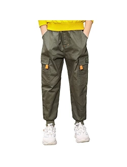 Rolanko Boys' Cargo Pants Casual Kids Joggers Elastic Waist Outdoor Hiking Baggy Trousers 4-14 Years