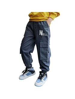 Rolanko Boys' Cargo Pants Casual Kids Joggers Elastic Waist Outdoor Hiking Baggy Trousers 4-14 Years