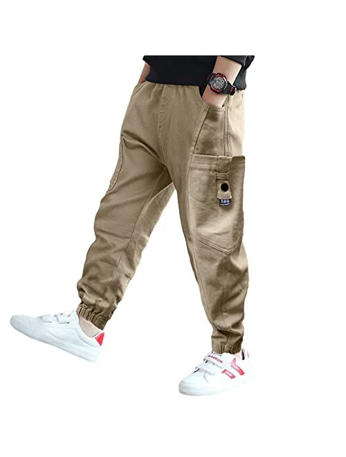 Rolanko Boys' Cargo Pants Casual Kids Joggers Elastic Waist Outdoor Hiking Baggy Trousers 4-14 Years