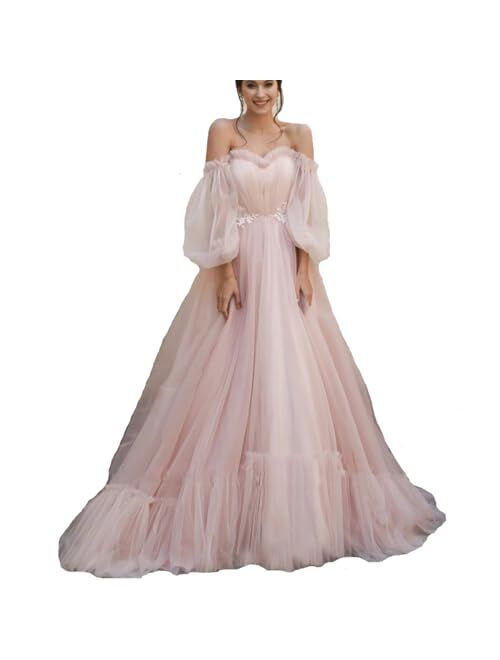 TPonline Tulle Off Shoulder Court Train Prom Dress Long Sweetheart Puff Sleeves Wedding Gown with Lace Up TPPD002