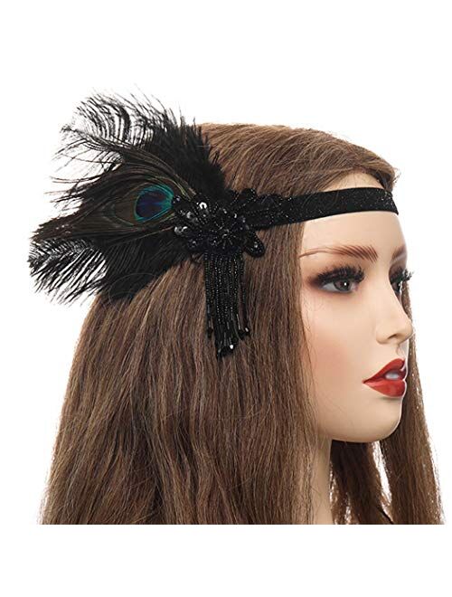 BODIY Peacock Feather Flapper Headbands Vintage Roaring 1920s Gatsby Headpieces Sequines Prom Hair Accessories Jewelry for Women and Girls Black