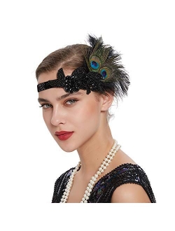 LATIMOON 1920s Flapper Headband Roaring 20s Headpiece Gatsby Peacock Feather Headpiece with rhinestones