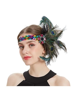 LATIMOON 1920s Flapper Headband Roaring 20s Headpiece Gatsby Peacock Feather Headpiece with rhinestones