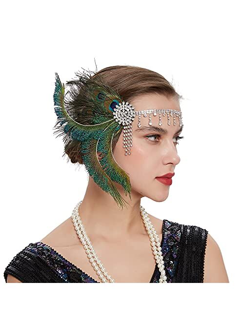 LATIMOON 1920s Flapper Headband Roaring 20s Headpiece Gatsby Peacock Feather Headpiece with rhinestones