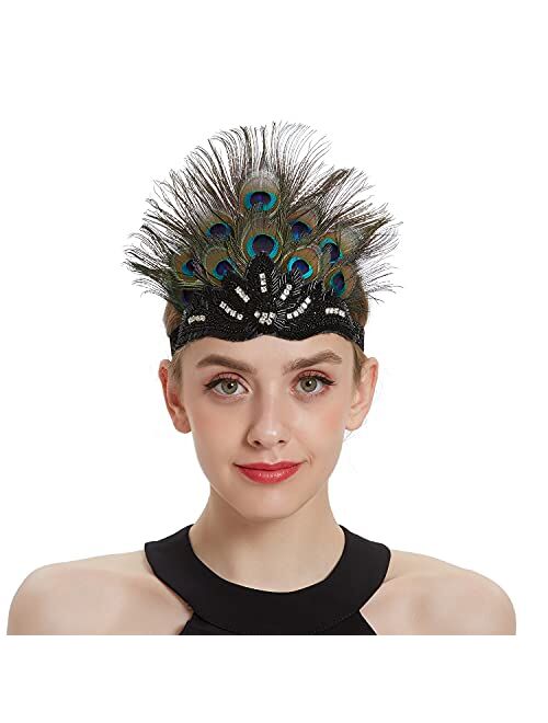 LATIMOON 1920s Flapper Headband Roaring 20s Headpiece Gatsby Peacock Feather Headpiece with rhinestones