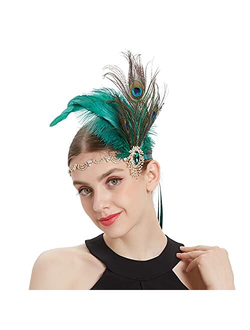 LATIMOON 1920s Flapper Headband Roaring 20s Headpiece Gatsby Peacock Feather Headpiece with rhinestones