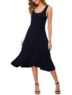 Women's U-Neck Sleeveless Flared Midi Dress Summer Swing T-Shirt Dresses