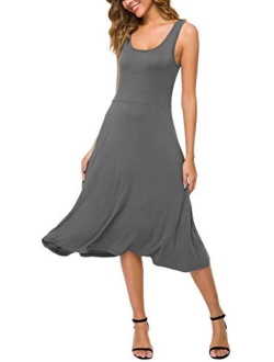 Women's U-Neck Sleeveless Flared Midi Dress Summer Swing T-Shirt Dresses